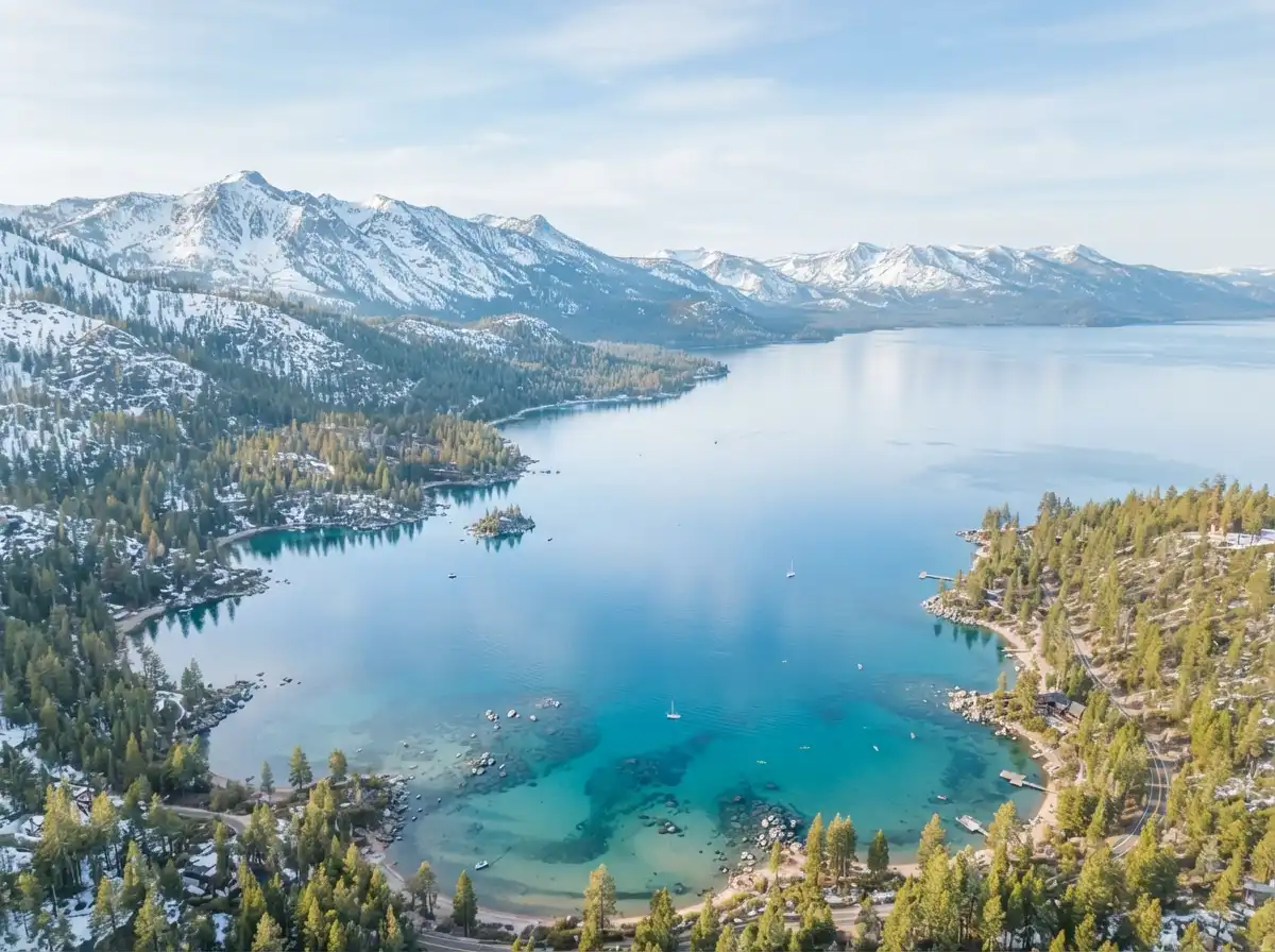 aerial view lake tahoe mountains