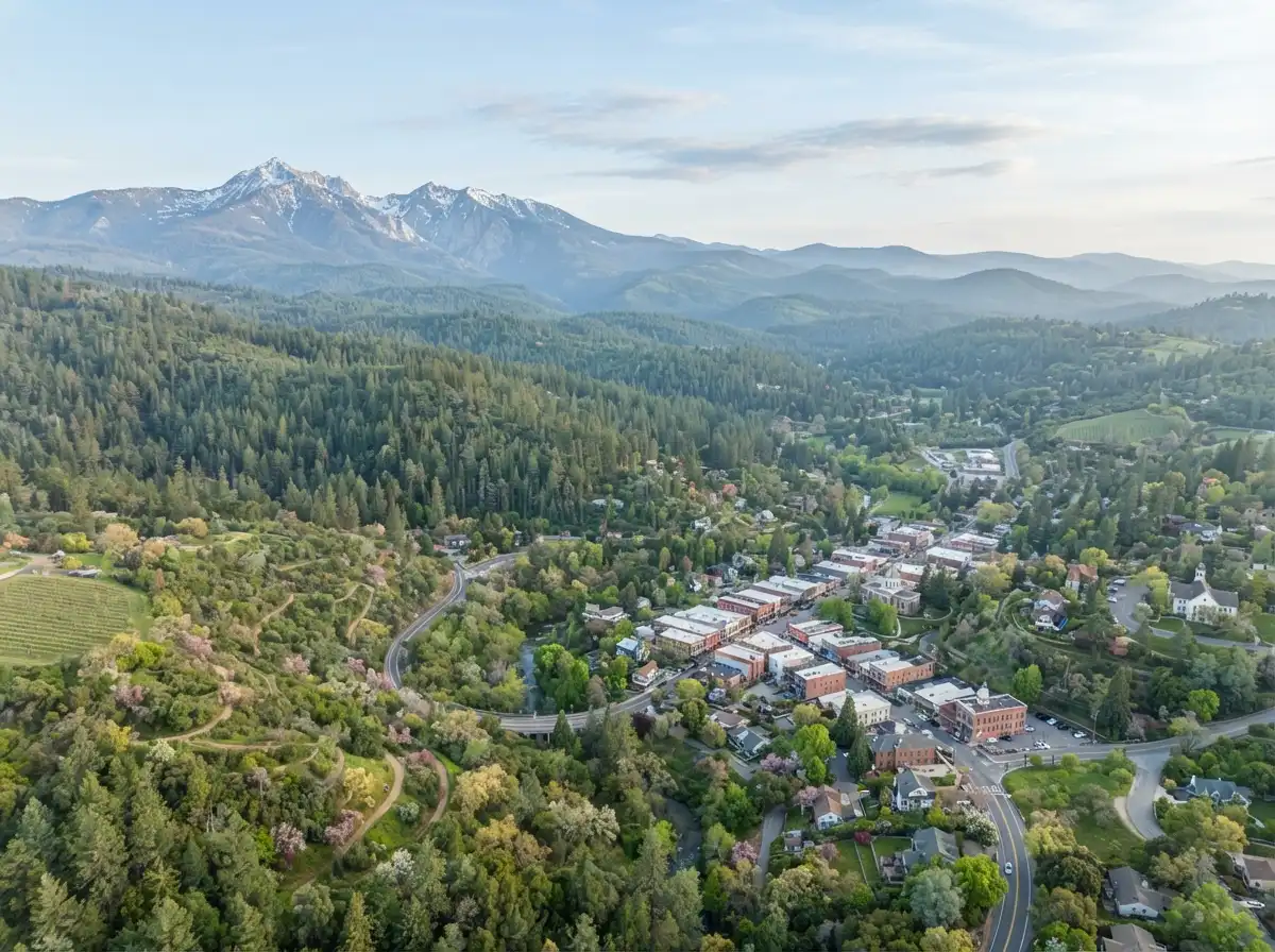 aerial view mountains forests town